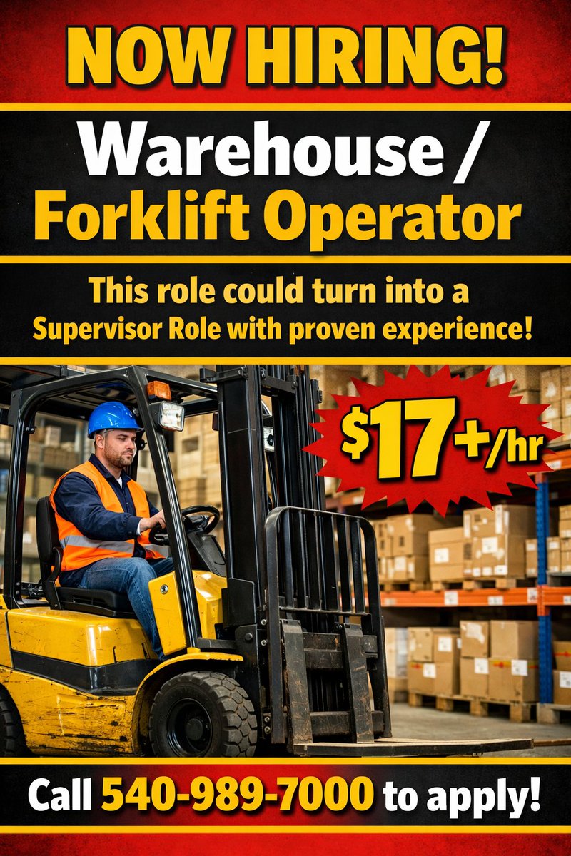 Now hiring Warehouse/Forklift Operators! 🚧 Promote to supervisor with proven skills. $17+hr 💼 Call 540-989-7000 to apply today! #JobOpportunity #WarehouseJobs