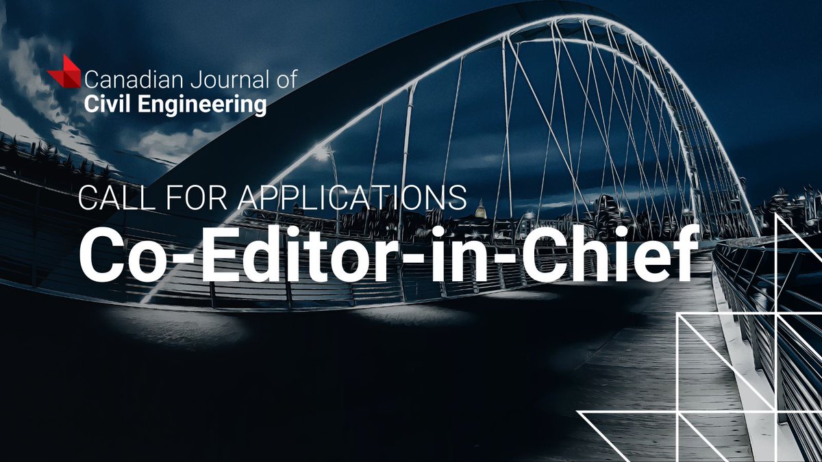 cdnsciencepub's tweet image. The Canadian Journal of Civil Engineering is seeking a Co-Editor-in-Chief with expertise in structural engineering to help guide the journal’s editorial vision.

Applications are open until Apr. 30, 2026.

Learn more ▶️ ow.ly/BRTM50YmWbr

 #CivilEngineering