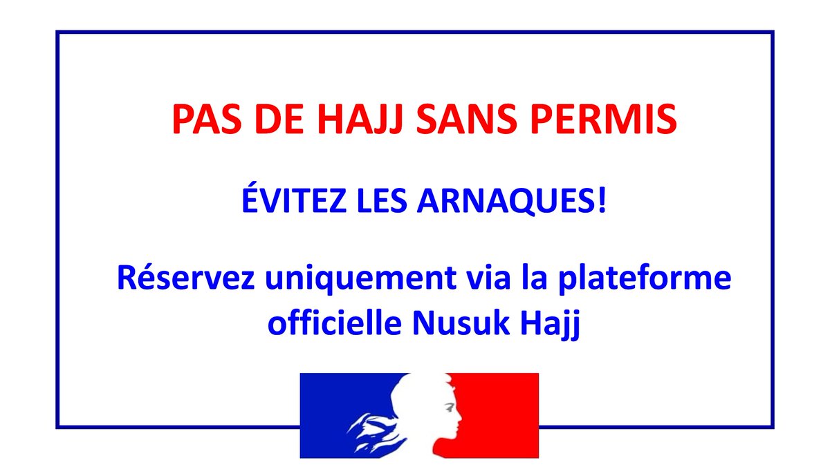 FranceaDjeddah's tweet photo. 🚨 Le #Hajj est organisé exclusivement via la plateforme officielle #Nusuk Hajj.
⚠️ Toute autre plateforme ou intermédiaire est non autorisé.
Sans permis et visa Hajj officiels, l’accès est interdit et expose à des sanctions. https://t.co/yg6oXJ8p07