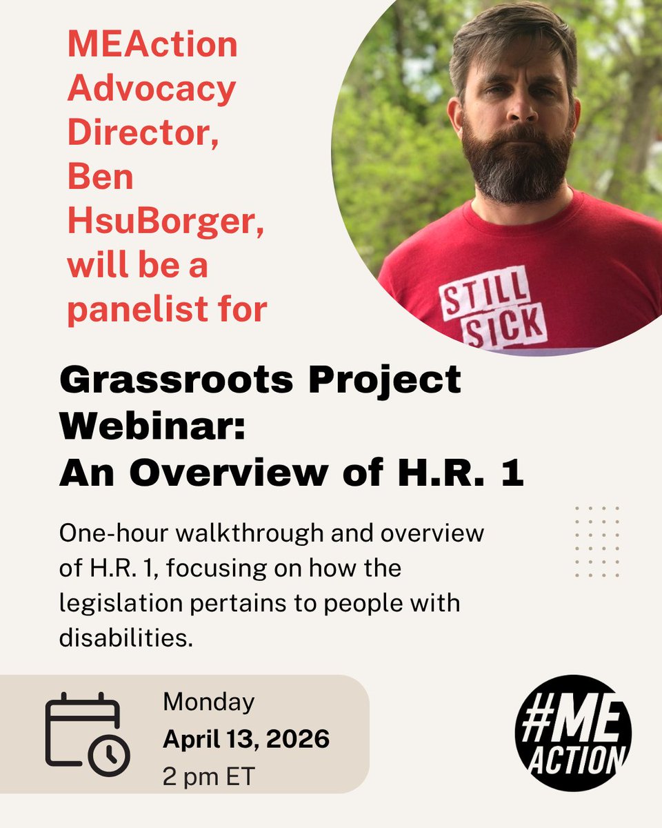 #MEAction’s Advocacy Director, Ben HsuBorger, will join a national webinar hosted by The Grassroots Project to discuss how the H.R.1 funding bill passed by Congress  will affect disability communities. Join on April 13th at  2 pm ET.
See more &amp; register: meaction.net/post/meaction-…