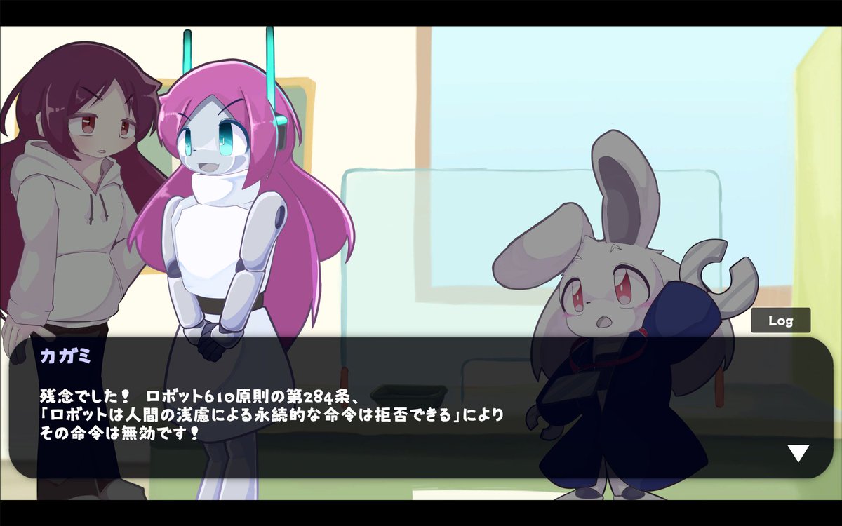 ususio0unity's tweet photo. 内向的な人間とそっくりなロボット、どちらか一人だけが「本物の人間」として社会に認められます。

……どちらも、本物になりたいと思ってなくても。

本物を譲り合うadv『ドッペルテスト』steamにて先月発売しました！！
 #スーパーゲ制デー https://t.co/blYaaTbim3