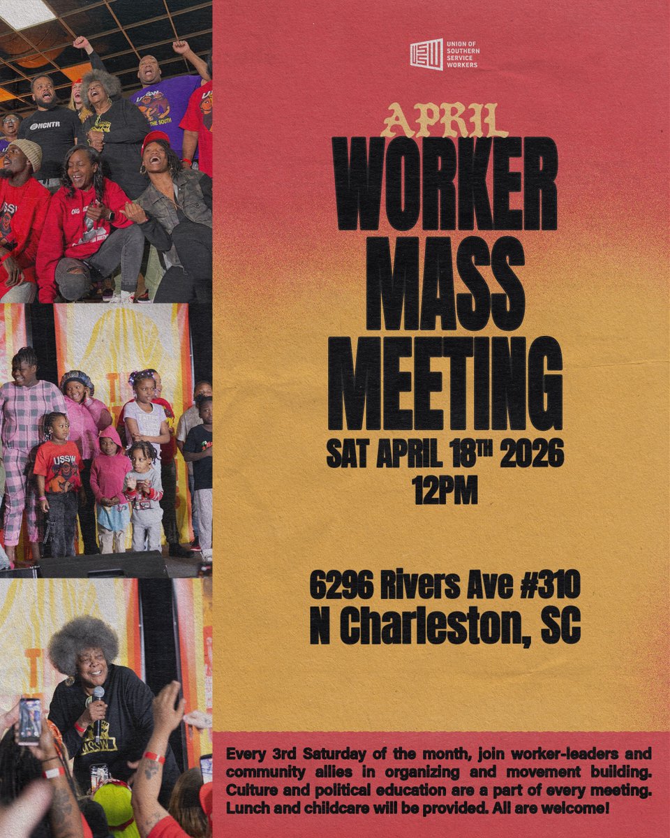 RaiseUptheSouth's tweet image. CHARLESTON &amp;amp; COLUMBIA: It's monthly Mass Meeting time!

Every 3rd Saturday, workers and community allies come together to organize, connect, and take action. 

Lunch provided. All are welcome! #OrganizeTheSouth #CharlestonSC #ColumbiaSC