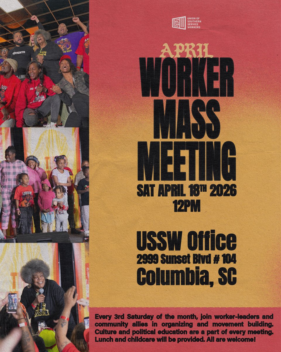 RaiseUptheSouth's tweet image. CHARLESTON &amp;amp; COLUMBIA: It's monthly Mass Meeting time!

Every 3rd Saturday, workers and community allies come together to organize, connect, and take action. 

Lunch provided. All are welcome! #OrganizeTheSouth #CharlestonSC #ColumbiaSC