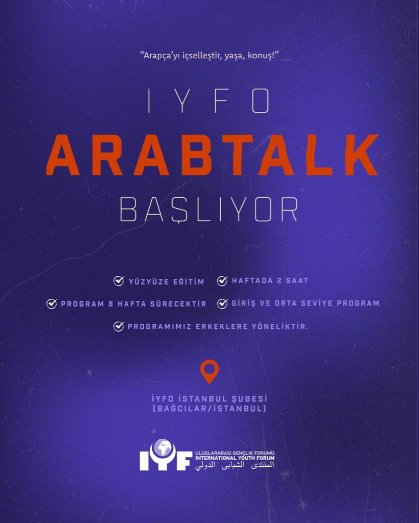 iyfoorgtr's tweet photo. İYFO ArabTalk Başlıyor!

Alanında uzman eğitmenlerimiz eşliğinde hazırlanan konuşma odaklı Arapça eğitim programımızla dil becerilerinizi sistematik şekilde geliştirin. 

🚀 Sen de katıl, programımızın ötesine taşacak dil öğrenimimizi beraber kurgulayalım!

Detaylar bio’da! https://t.co/2oTs6Ewjvl