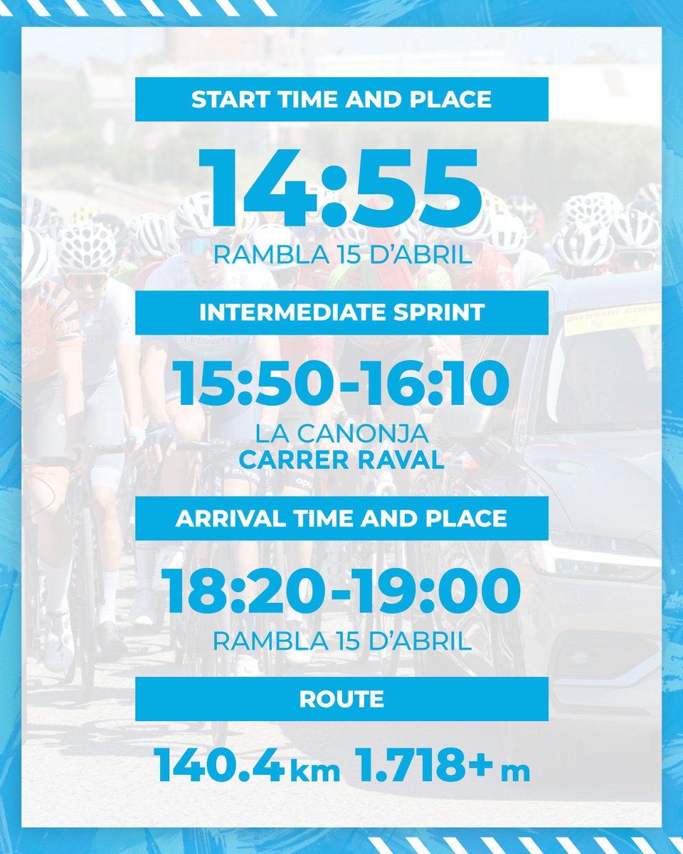 📢🚴‍♂️ Take note of the key times and locations for the Trofeu 15 d'Abril! ⏱️

Check the image for all the details on the start, intermediate sprint, and finish line. Save it so you don't miss a thing in tomorrow's big race! 

See you in La Canonja! 🙌