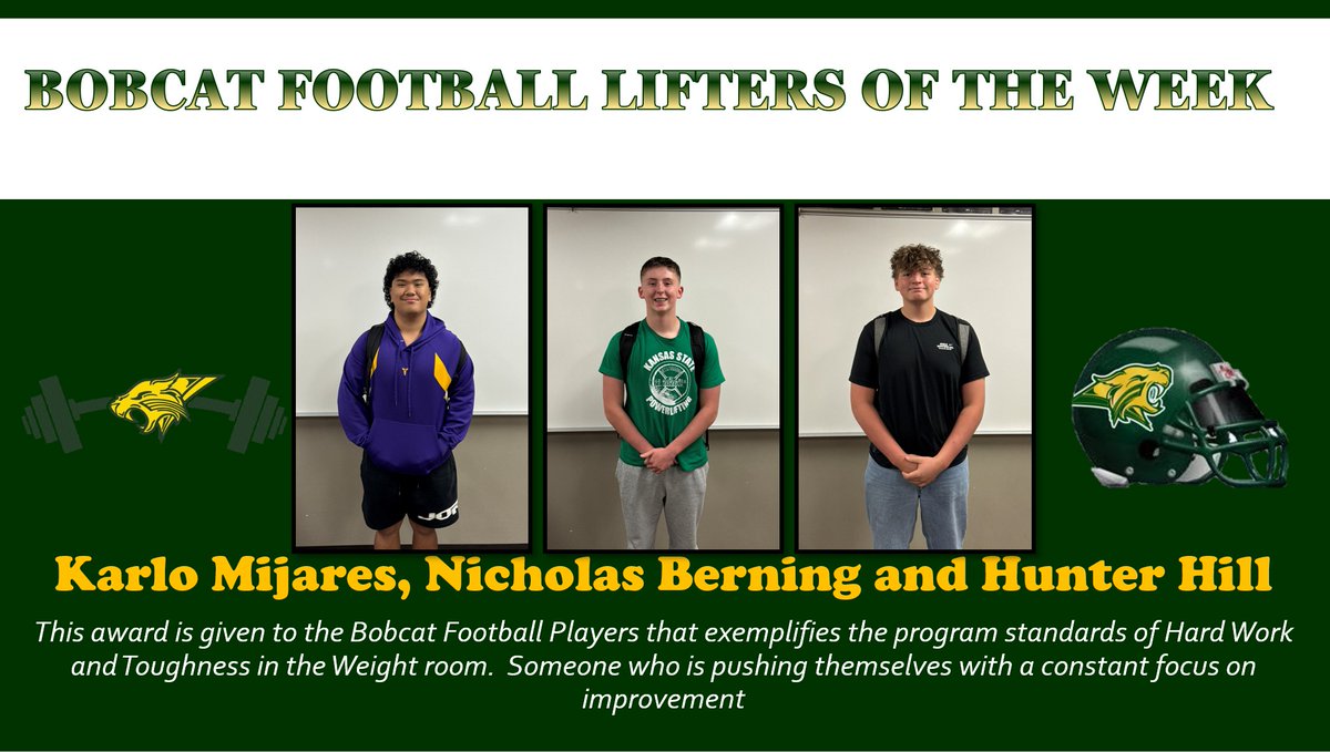 BobcatFB's tweet photo. S/O to this weeks Bobcat Football Lifters of the Week; So. DL Karlo Mijares, So. OL Nicholas Berning &amp; Fr. OL Hunter Hill!  All three have been getting after it in our AM T.R.A.I.N. program and Hunter set a PR in shot as well! Trenches getting after it in the WR this spring! #HTF https://t.co/4sl2OQ2cUN