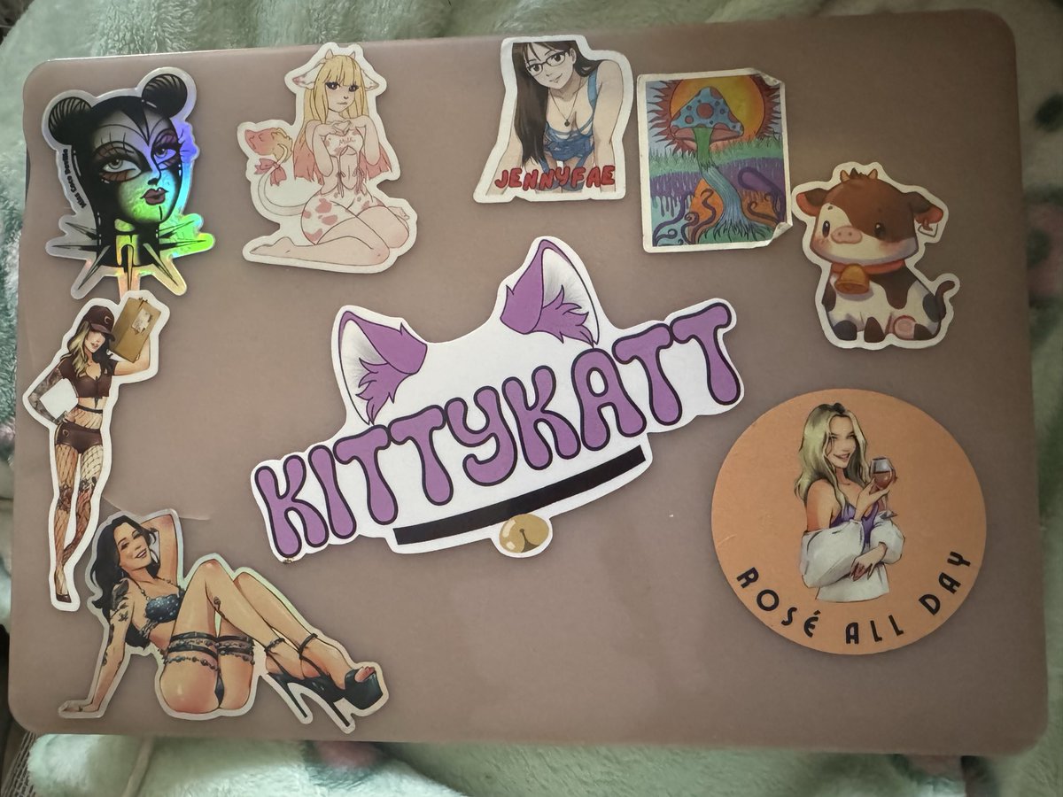 KittyKattMFC's tweet photo. Obesseeddd, I Got my stickers in the mail 🤭but my laptop looks like I’m missing something, who’s gonna volunteer to fill o that ? 🤣 https://t.co/gRBsNHsEes