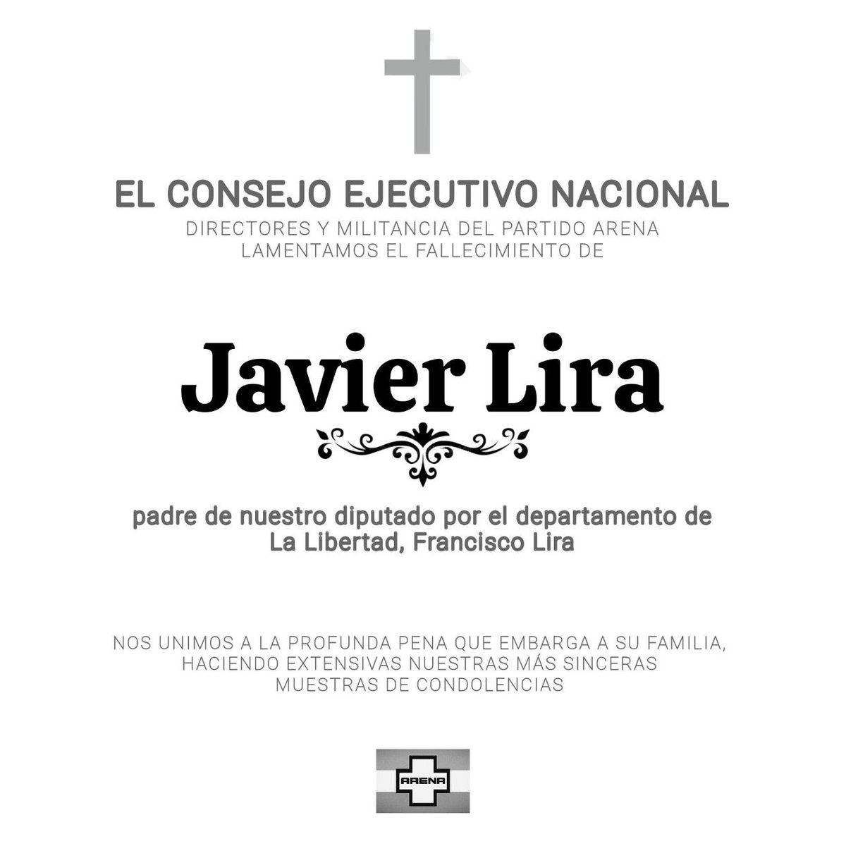 ARENAOFICIAL's tweet photo. Nos solidarizamos con la familia Lira en este momento de duelo, especialmente con nuestro diputado Francisco Lira. Que encuentre fortaleza en los recuerdos, en el legado y cariño que le dio su padre.🕊️ https://t.co/mdNaOo8IKL