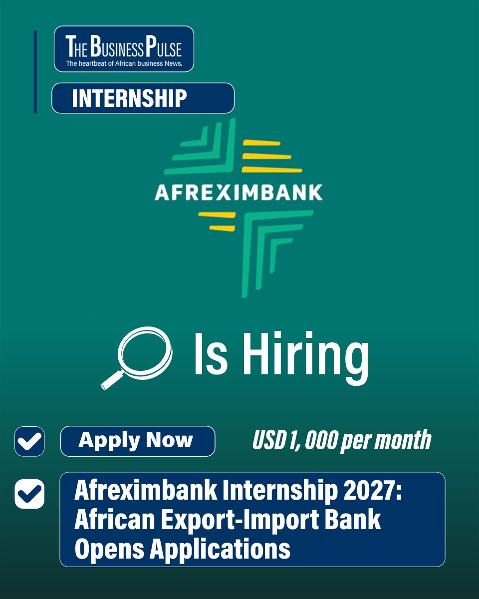 AfricaBizPulse's tweet photo. Afreximbank Internship 2027: Global Call for Young Professionals
https://t.co/jBZXRQDUyU
Afreximbank is recruiting for its 2027 internship cohort. A premier opportunity for students to gain experience in African trade finance and economic development.

🔹Role: Afreximbank Internship 2027
🔹Locations: Cairo, Harare, and other regional offices
🔹Benefits: USD 1,000 stipend + flight + USD 500 housing allowance
🔹Eligibility: Full-time students (Undergrad/Postgrad), ages 20-32
🔹Deadline: 30 April 2026

𝗙𝗼𝗿 𝗺𝗼𝗿𝗲 𝗷𝗼𝗯 𝗹𝗶𝘀𝘁𝗶𝗻𝗴𝘀 𝘃𝗶𝘀𝗶𝘁 𝘁𝗵𝗲 𝗹𝗶𝗻𝗸 𝗯𝗲𝗹𝗼𝘄
https://t.co/NPKRZMVPzm
𝗝𝗼𝗶𝗻 𝗼𝘂𝗿 𝗪𝗵𝗮𝘁𝘀𝗔𝗽𝗽 𝗖𝗵𝗮𝗻𝗻𝗲𝗹 𝗳𝗼𝗿 𝘂𝗽𝗱𝗮𝘁𝗲𝘀
https://t.co/lSfZhlwTUd

#AfreximbankInternship2027 #TradeFinance #AfricanDevelopment #TheBusinessPulse #CairoJobs #HarareJobs