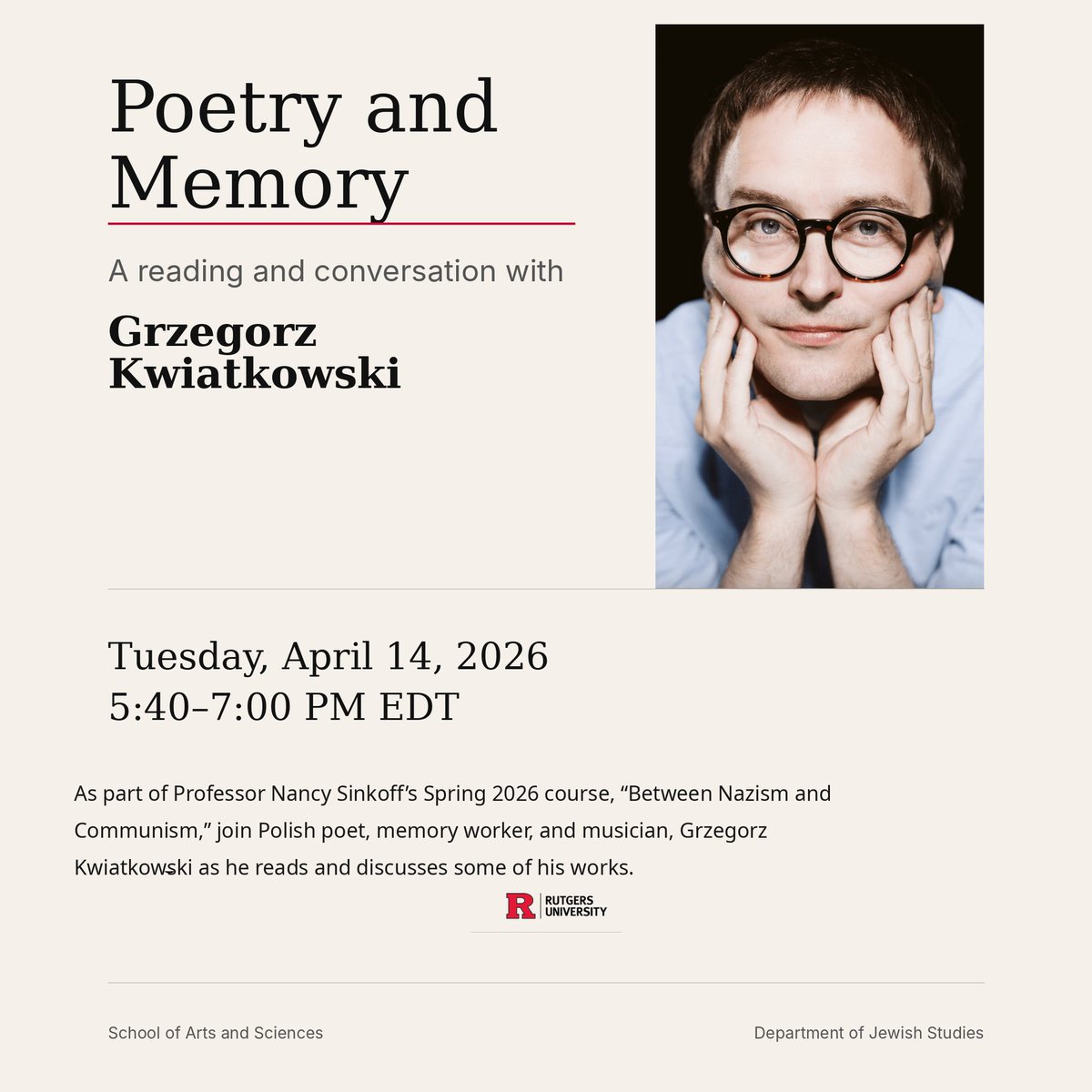 fvaht's tweet photo. 4/14: Join #FVAHT Artist-in-Residence @Grzegor54109874 for “Poetry and Memory: A Reading and Conversation with Grzegorz Kwiatkowski.”
He'll discuss some his work as part of Professor Nancy Sinkoff's class "Between Nazism and Communism" @RutgersNB.
https://t.co/1Nv27kZdw2 https://t.co/k4MnAwHVzl