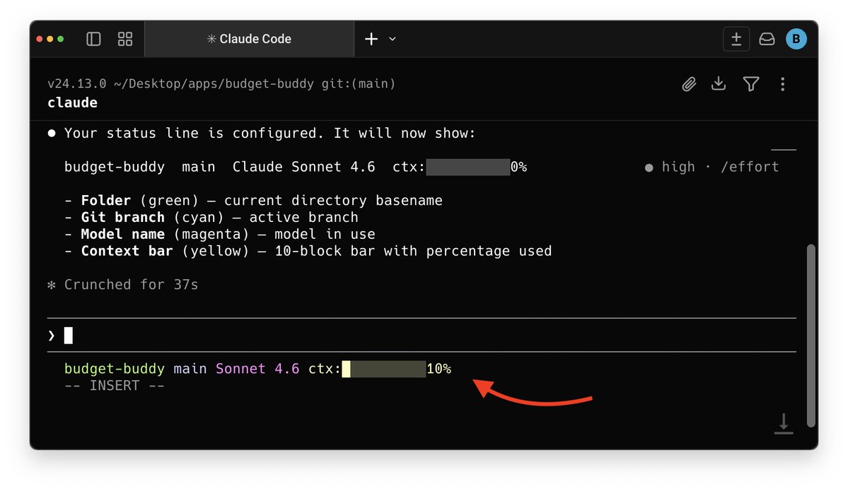 betomoedano's tweet image. 💡 Claude Code Pro Tip

Show useful info in the status bar by running:

"/statusline show folder, git branch, model name, and context bar"