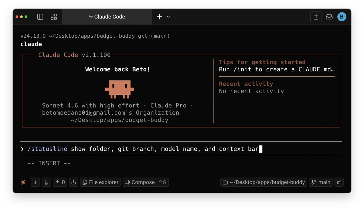 betomoedano's tweet image. 💡 Claude Code Pro Tip

Show useful info in the status bar by running:

"/statusline show folder, git branch, model name, and context bar"