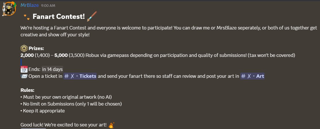 Blazenn__'s tweet photo. Hosting a fanart contest in my Discord! join and submit art for a chance to win 2-5k robux!!! more information regarding this in announcements! better examples of avatars we use are in the Discord as well! https://t.co/8RjJ4iBPYm
#ROBLOX #RobloxArt #ART #RobloxGFX #GFX #PFP https://t.co/fagNzxBUaV