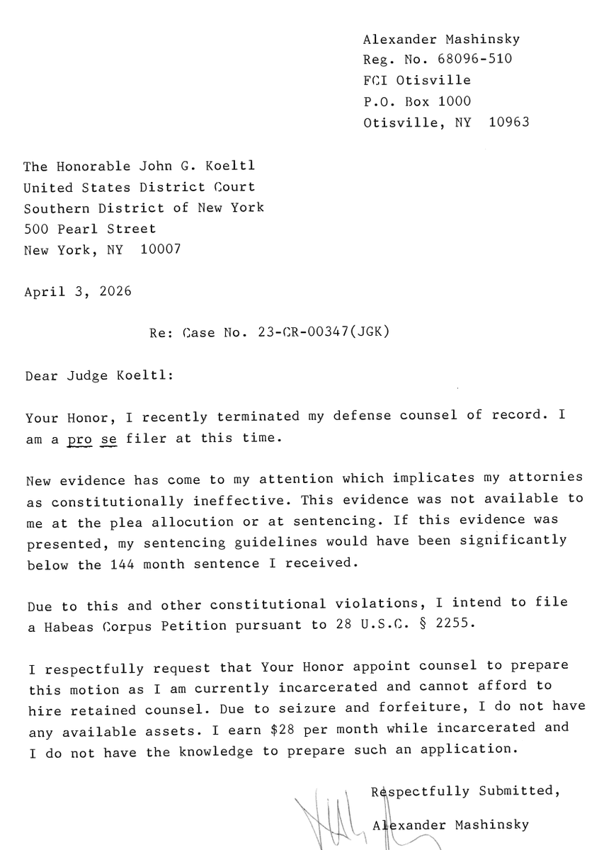innercitypress's tweet photo. Crypto in the courtroom- and beyond, into prison: Alex Mashinsky of Celsius has written in from FCI Otisville to SDNY Judge Koeltl that he has fired his lawyer as ineffective and intends to file a habeas corpus petition. Inner City Press will cover it. #CryptoBeat https://t.co/1gJFJnToyK