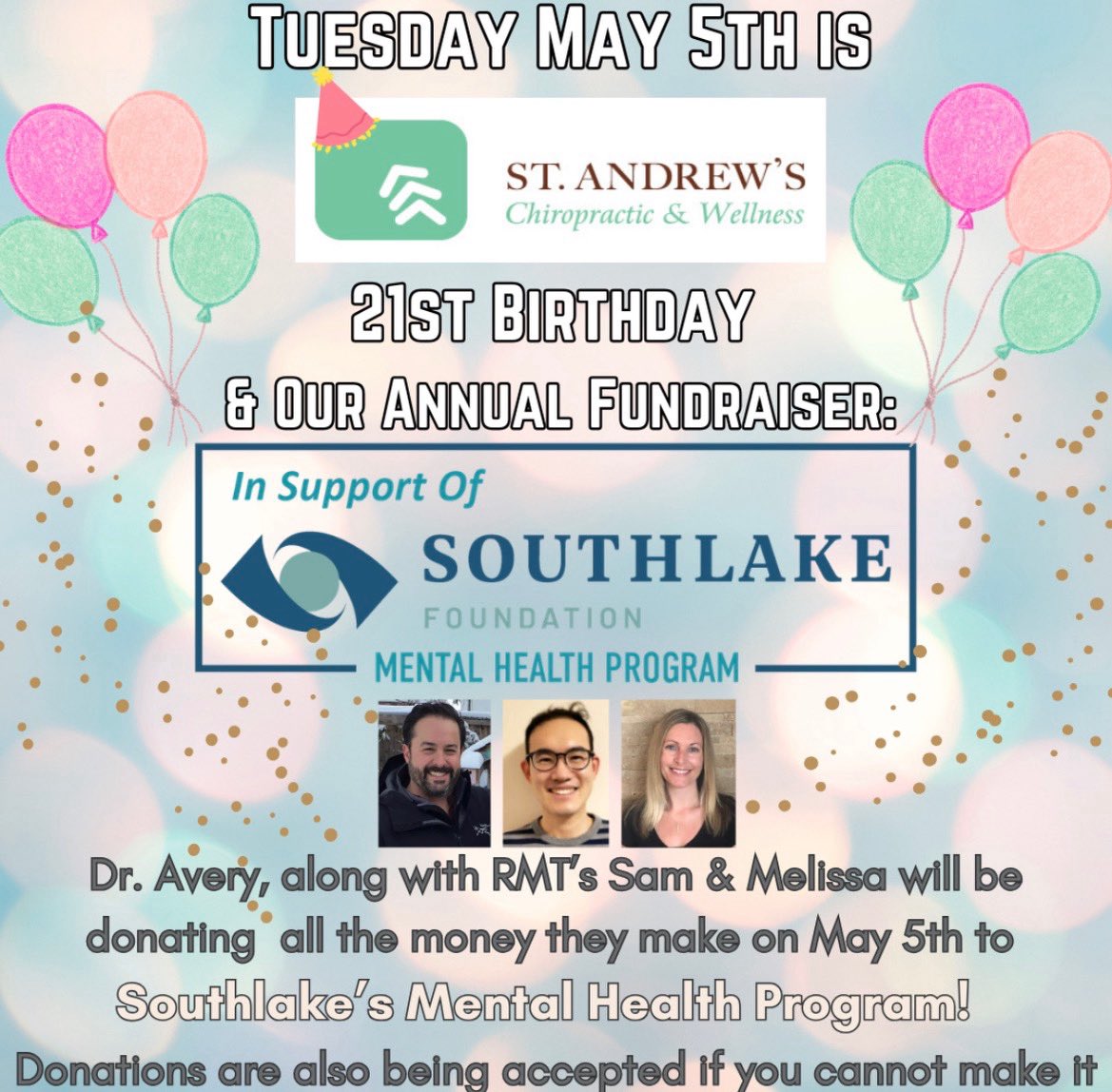StAndrewsChiro's tweet photo. May 5th is our @SouthlakeFndn fundraiser &amp; the clinic’s 21st birthday 🥳🎉 https://t.co/ZoXfBm7EbZ