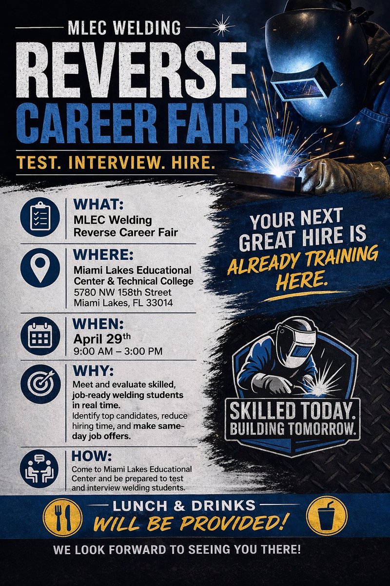 MDCPSTechCollgs's tweet photo. Business owners! This is your chance to connect with the next generation of skilled welders.
Need skilled workers? We’ve got them! 
Save time. Find talent. Hire with confidence. 
Interview welding students in real time at our Reverse Career Fair! #YourBestChoiceMDCPS https://t.co/JIB0xNFO6E
