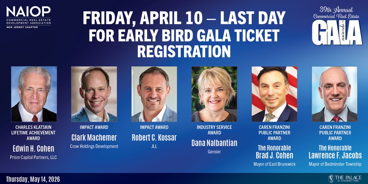 naiopnj's tweet image. Get your #tickets now before prices increase! Today is last day for Early Bird ticket registration for 39th Annual #CRE #Awards #Gala. Don’t miss out on biggest CRE #networking event of year &amp;amp; join us in celebrating '26 honorees &amp;amp; Deal of the Year winners: naiopnj.org/page-1806816
