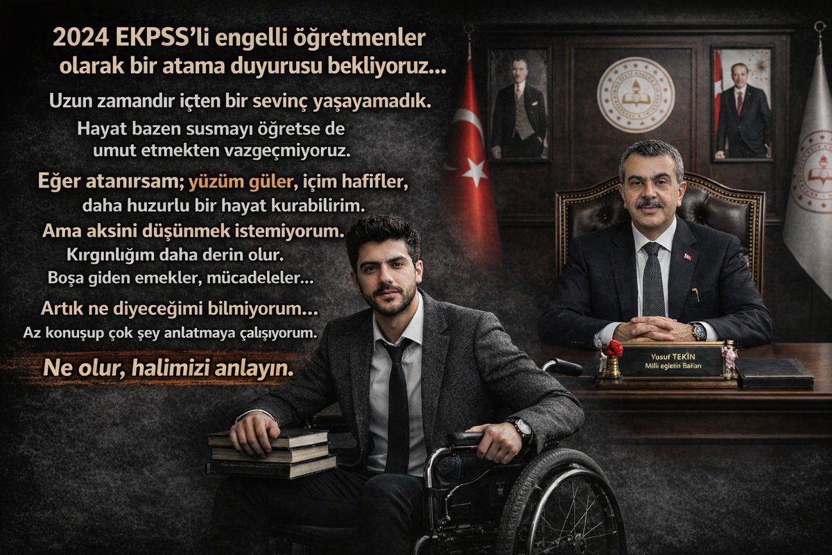 Yılların emeğiyle bekleyen 2024 EKPSS öğretmenleri için artık bir adım atılmalı.
<a href="/RTErdogan/">Recep Tayyip Erdoğan</a>
<a href="/EmineErdogan/">Emine Erdoğan</a>
<a href="/Yusuf__Tekin/">Yusuf Tekin</a>
<a href="/oktay_saral/">Oktay SARAL</a>
<a href="/AYMBASKANLIGI/">Anayasa Mahkemesi</a>
<a href="/hasandogan/">Hasan Doğan</a>
<a href="/tihek_kurumsal/">TİHEK 🇹🇷</a>
<a href="/latifselvi42/">Latif Selvi</a>
<a href="/tcmeb/">Millî Eğitim Bakanlığı</a>
<a href="/cftcblnt/">Bülent ÇİFTCİ</a>
<a href="/bilalmacit/">Bilal Macit</a>
<a href="/kasapoglu/">Dr. Mehmet Kasapoğlu</a>
#2024EkpssÖğretmenleriUmutlu