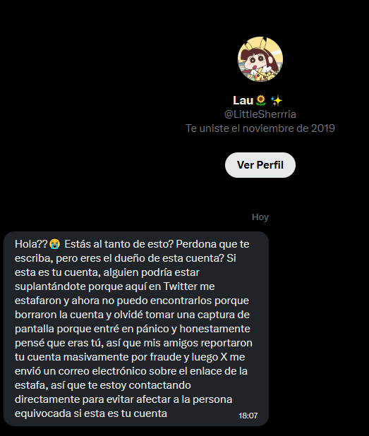 NotasYPixeles's tweet photo. ❗️❗️❗️ALERTA ESTAFA❗️❗️❗️

Investigué un poco y me sonó a lo que le hicieron a @Rovitox hace unos meses es una estafa en toda regla

Luego te piden que vayas a Discord y hay gente más gente a la que le robaron la cuenta de X, tened muchísimo cuidado

Y no, no es que sea el perfil del estafador sino que le han robado la cuenta a la chavala, os pueden enviar el mismo mensaje o uno parecido desde otras cuentas de X