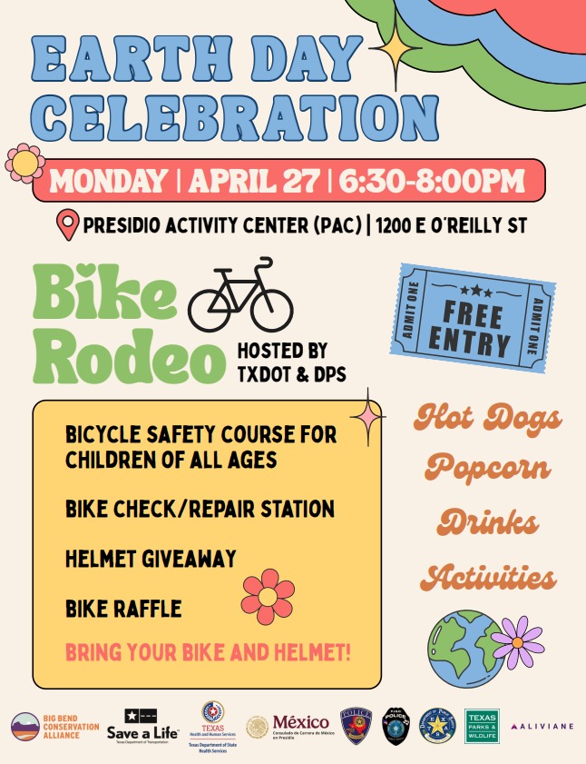 🚴‍♂️ ¡#TuConsulado te invita a celebrar el Día de la Tierra! 

Únete al Bike Rodeo, organizado por Big Bend Conservation Alliance: 
🗓 Lunes 27 de abril de 2026 
🕡 6:30 p.m. a 8:00 p.m. 
📍 Presidio Activity Center (PAC).

¡Ven a disfrutar de una tarde llena de diversión! #IMME