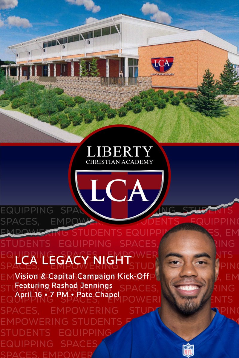 LCABulldogs's tweet photo. Bulldog Nation!!! Join us for our first-ever LCA Legacy Night.  On Thursday, April 16, at 7:00 PM in the Pate Chapel, Rashad Jennings (Former NFL star and 2017 Dancing with the Stars Champion) will be here to share his “LCA story” and kick off our capital campaign. https://t.co/PDuajLfowv