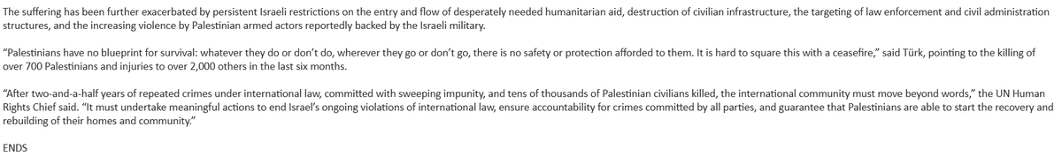 Seis meses después del alto el fuego en Gaza, los "ataques israelíes continúan de forma habitual".
Los ataques aéreos, disparos y bombardeos persisten a diario en toda Gaza, lo que eleva a 738 el número de palestinos asesinados el 10 de octubre de 2025, denuncia <a href="/UNHumanRights/">UN Human Rights</a>