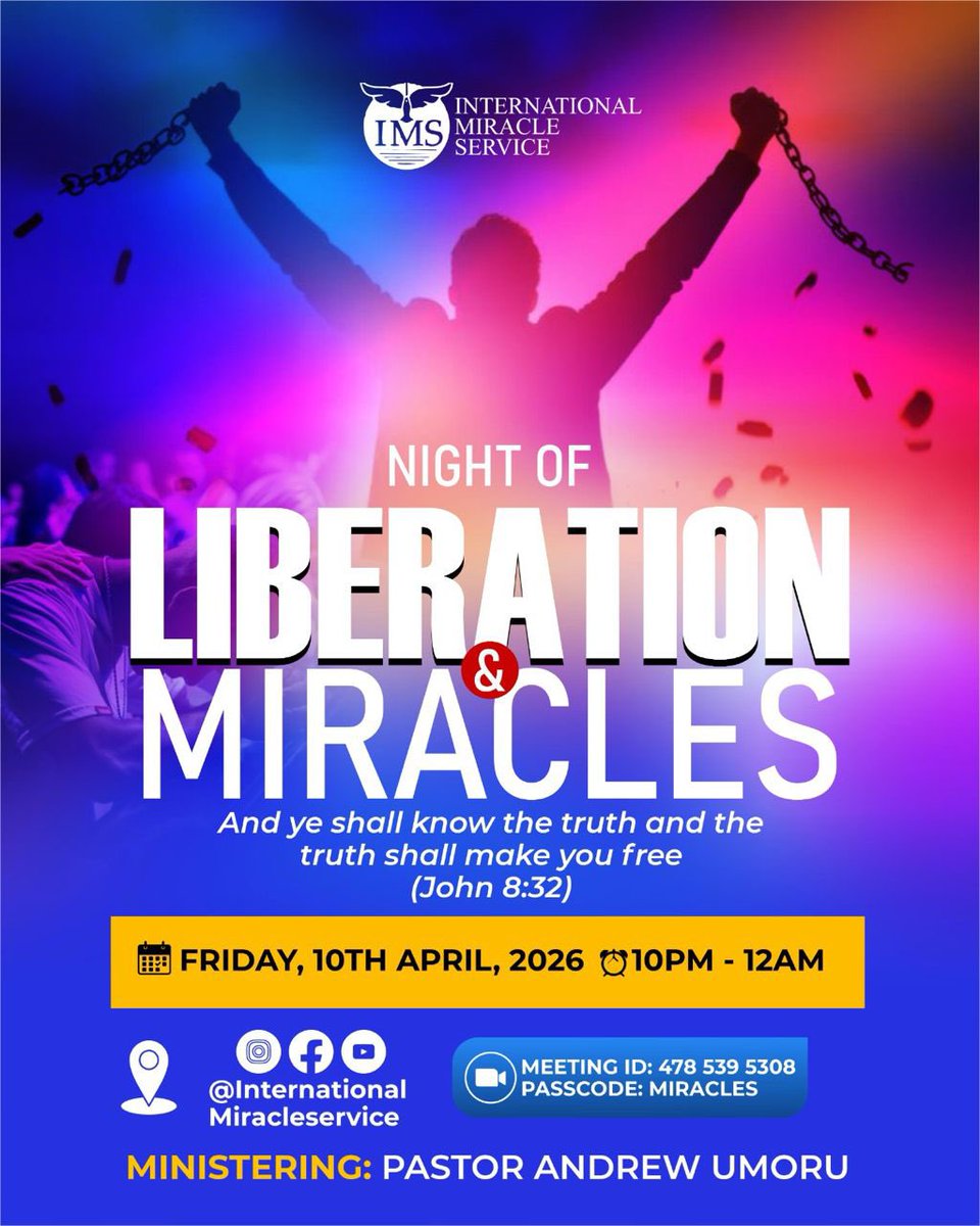 PasAndrewUmoru's tweet photo. I sense strongly in my spirit that this will be a night of unusual miracles and undeniable liberation.

Today, 10PM (WAT) a night of unusual miracles and undeniable liberation.

Salvation, healing, and deliverance shall be yours.

Come ready. Come expectant. Come believing. https://t.co/i8olTiJX2O