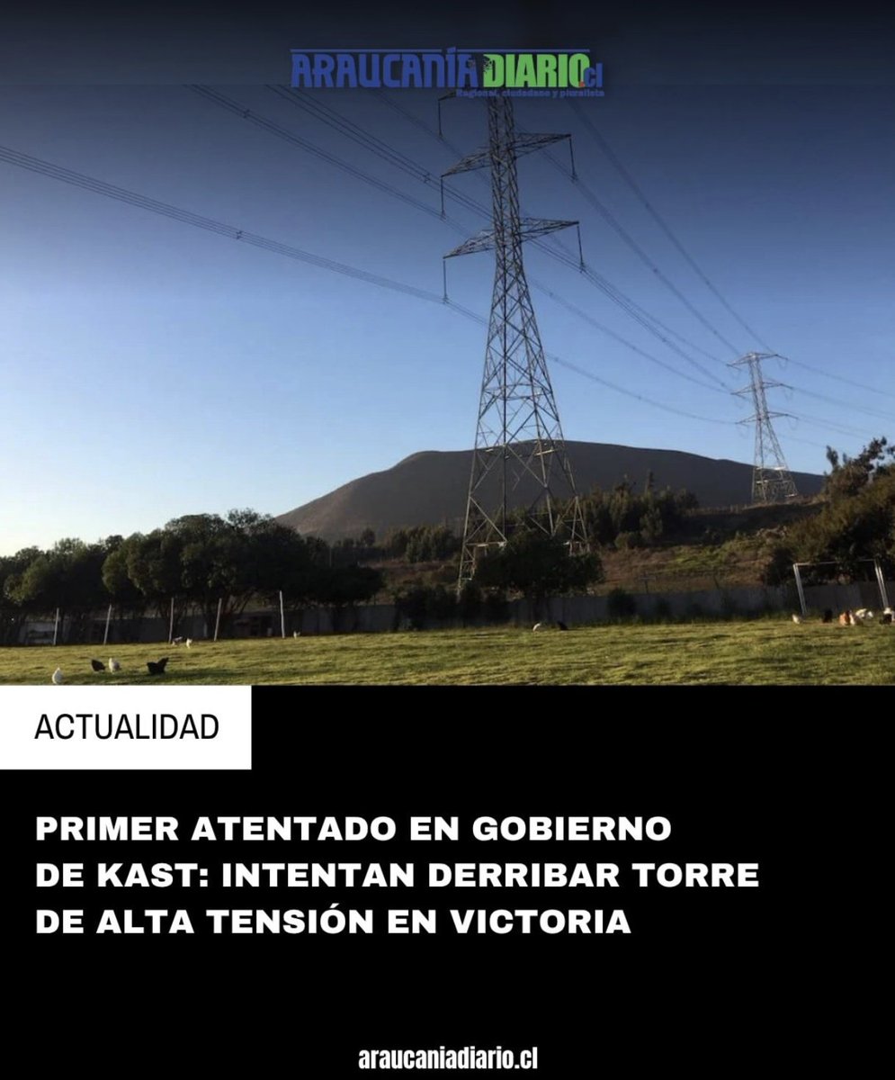 aprachile's tweet image. ⚠️⚠️Con un explosivo de uso industrial se intentó derribar una torre de alta tensión al interior de un fundo en #Victoria, en la región de La Araucanía. #Carabineros y la Fiscalía indagan este hecho. De acuerdo con la información exclusiva de Radio Bío Bío en #Temuco, en las