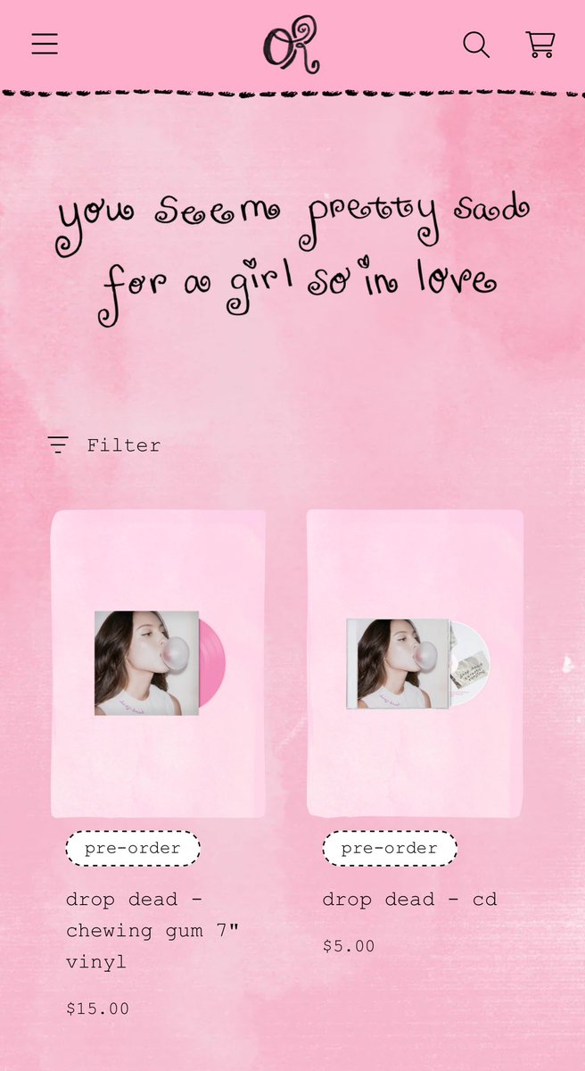fangirlhhq's tweet photo. ♡ olivia rodrigo “drop dead” giveaway ♡

one winner will get their choice of: 
♡cd or
♡ vinyl

to enter ↳ follow me  ↳ like + repost this post  ↳ tag a friend in the replies 

ends when the timer on her website runs out (around Thursday at 1 est)
good luck <3 https://t.co/PX0fbgGiYE