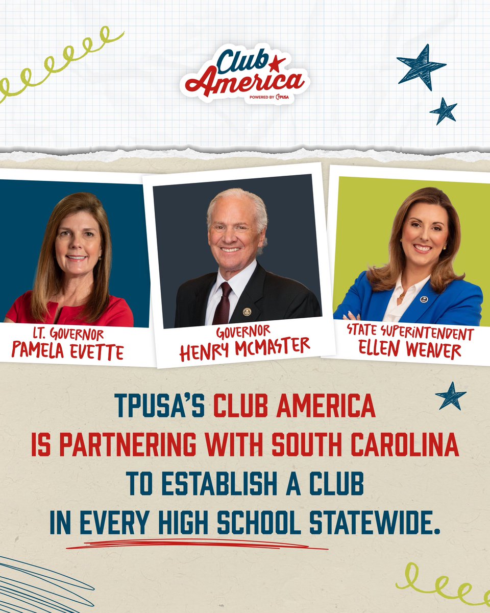 IT’S OFFICIAL 🇺🇸

TPUSA’s Club America is partnering with South Carolina to establish a club in EVERY high school statewide.

<a href="/TPUSA/">Turning Point USA</a>