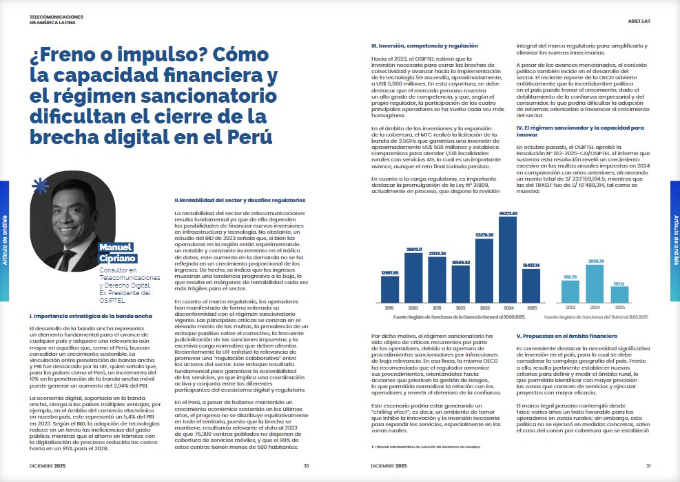 asiet_lat's tweet photo. 📖 Análisis del ecosistema digital en #MagazineASIET
@ManuelCiprianoT se pregunta: ¿Freno o impulso? Cómo la capacidad financiera y el régimen sancionatorio dificultan el cierre de la brecha digital en el Perú.
Un análisis profundo sobre los desafíos que enfrentan los operadores para financiar la expansión de redes en Perú y cómo el actual marco sancionatorio impacta en la inversión y el cierre de la brecha digital.
🔗 Descarga la nota completa aquí:
https://t.co/Ed2tnpSidD