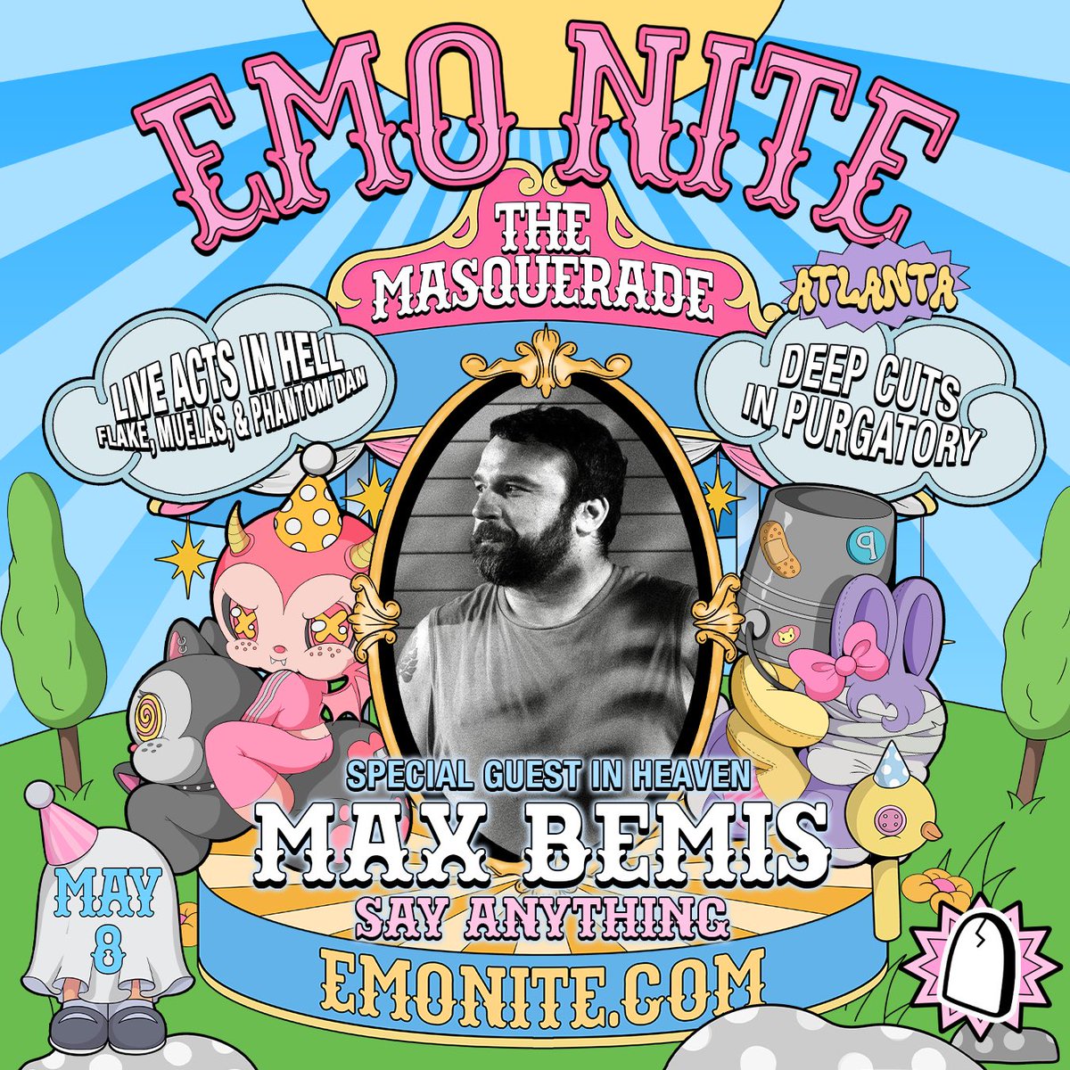 emonitela's tweet photo. ATL! emo nite is sooo back at @masquerade_atl on 5/8 with an absolutely stacked lineup of special guests & live performances! come party with special guest dj @maxbemis in heaven 👼 catch live performances from @thisisflake, @phantomdan_music, @muelasband on the breaking and entering stage in hell ⛓️‍💥🔥 & sing along 2 ur fave deep cuts spinning in purgatory all nite long 🔪 snatch up ur tix @ https://t.co/x7z56KD7qH while u still can!