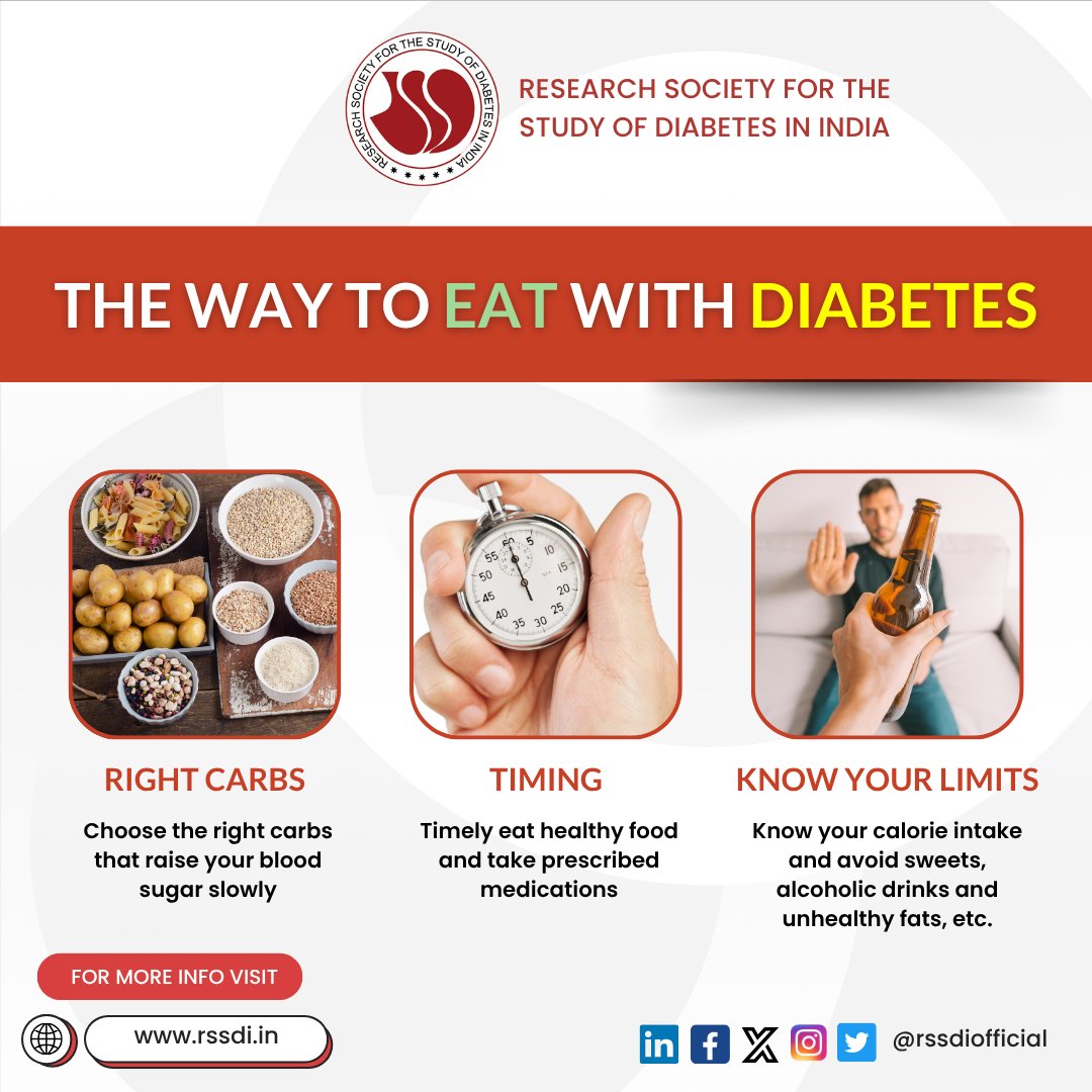 Rssdi_official's tweet image. 🥗 The Right Way to Eat with Diabetes

Choose smart carbs, eat on time, watch portions &amp;amp; limit sugars and unhealthy fats.

Small changes = better blood sugar control.

#RSSDI #DiabetesCare #HealthyEating