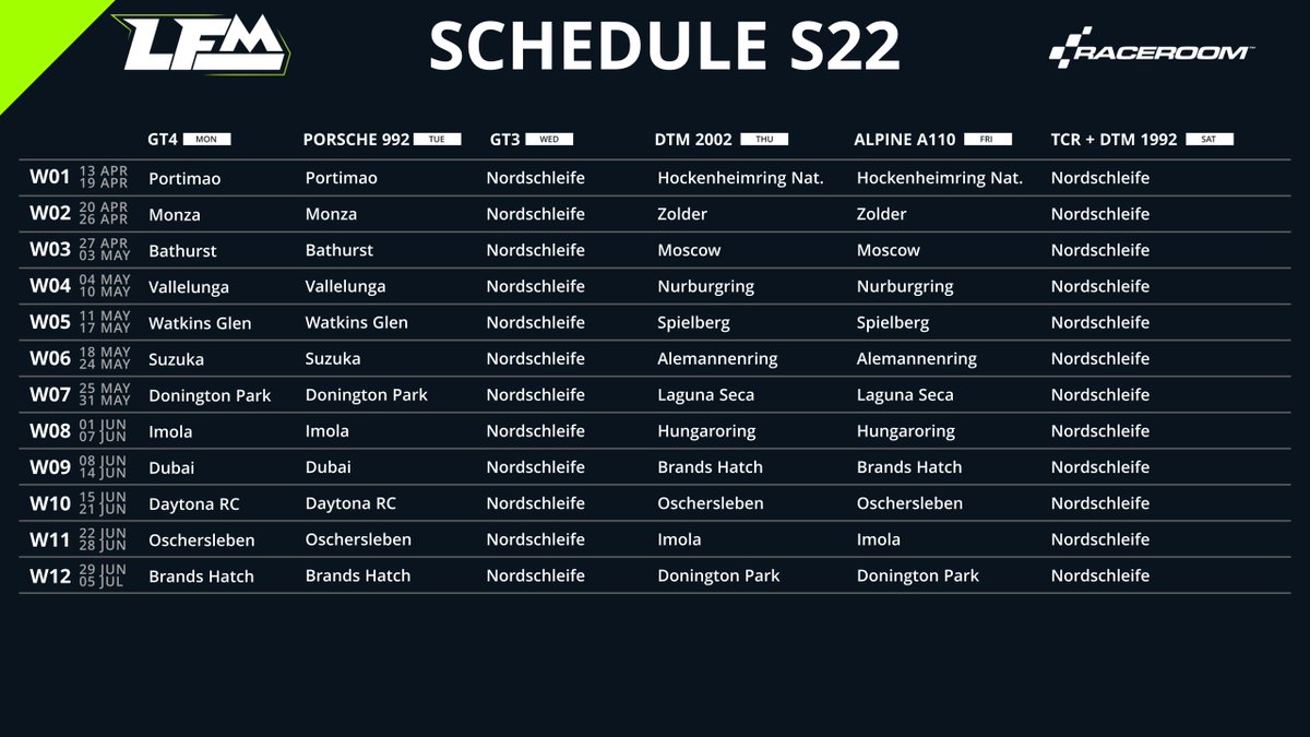 LFMotorsport's tweet image. Season 22 schedule for AMS2 and R3E

#lowfuelmotorsport #simracing #raceroom #automobilista2