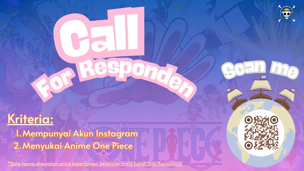 Powerfull121's tweet photo. Hai kakak tolong isi kuisioner aku dong Kriterianya:  1. Punya akun instagram  2. Suka Anime One Piece👒   mohon bantuannya yaa buat isi kuesioner penelitian ini kurang lebih cuma 5-10 menit: https://t.co/kxV5YDlVL0
Thankyou ya nakama boleh barter kokk asal sesuai kriteria https://t.co/cVal4nup0w
