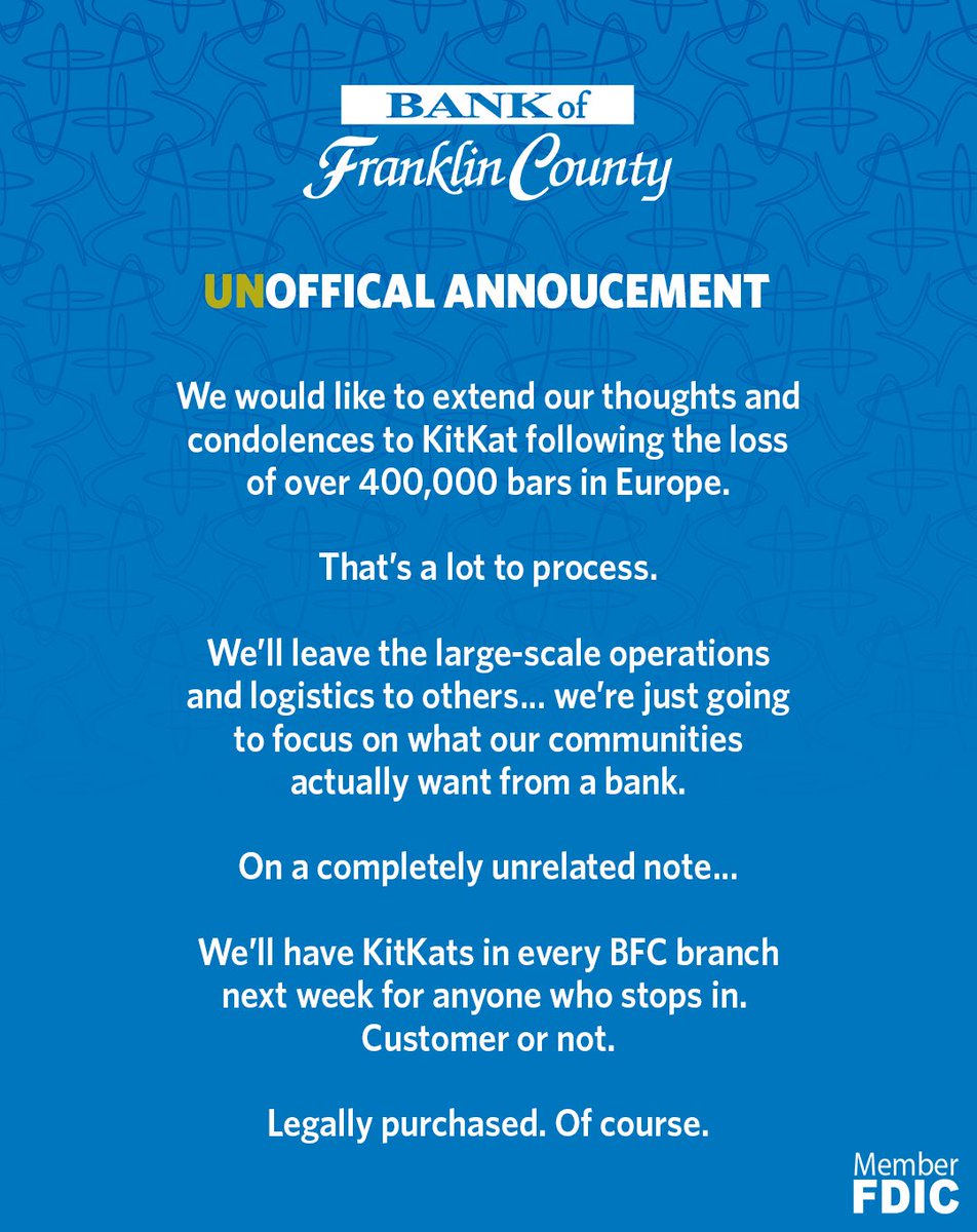 Bank_of_Frank's tweet photo. Need a break? 🍫 Stop in next week and grab a KitKat from any BFC branch.

No Purchase Necessary. While Supplies Last. https://t.co/5A9EfXJBw8
