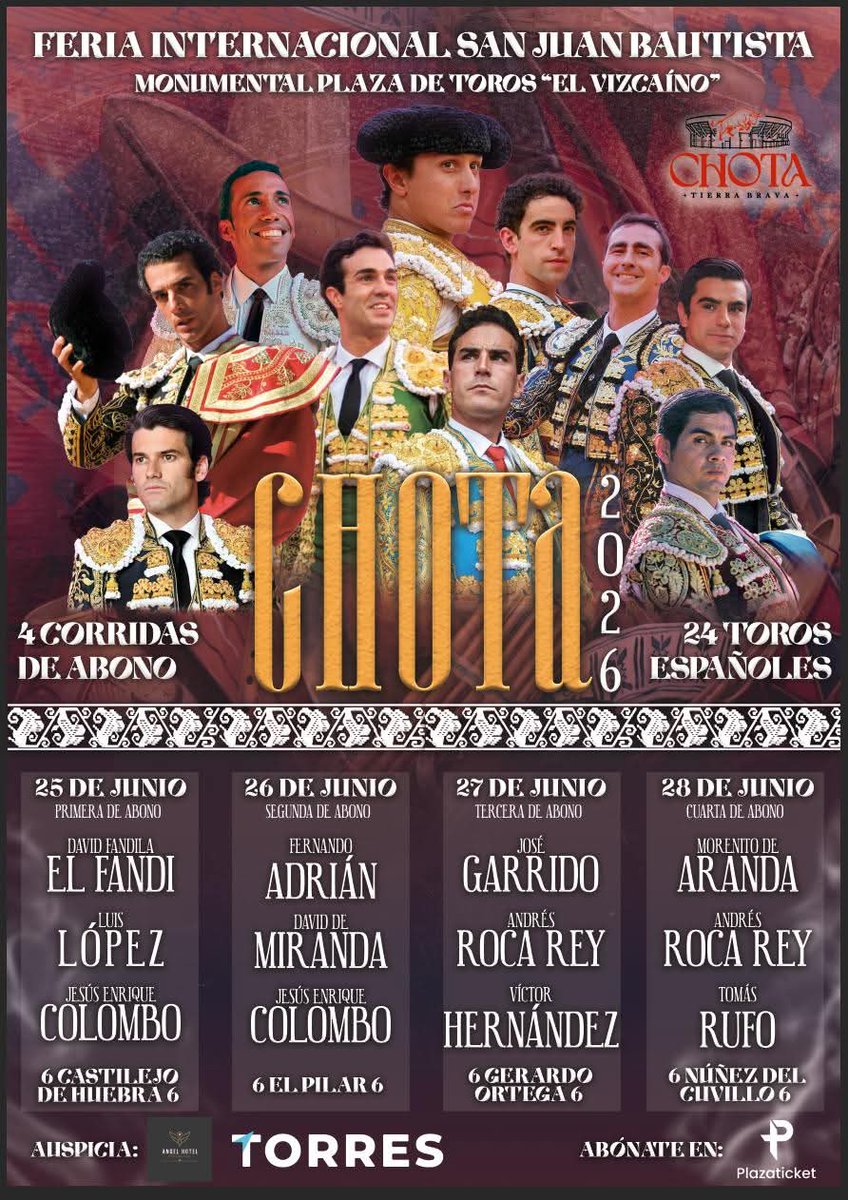 portaltaurino's tweet photo. Chota PER y aquí recién presentados los grandes carteles de la Feria de San Juan 2026 del 25 al 28 de junio con toros españoles de @CastillejodeH, @toros_ELPILAR, @torosdegerardo y Núñez del Cuvillo https://t.co/mJelacxMpt
