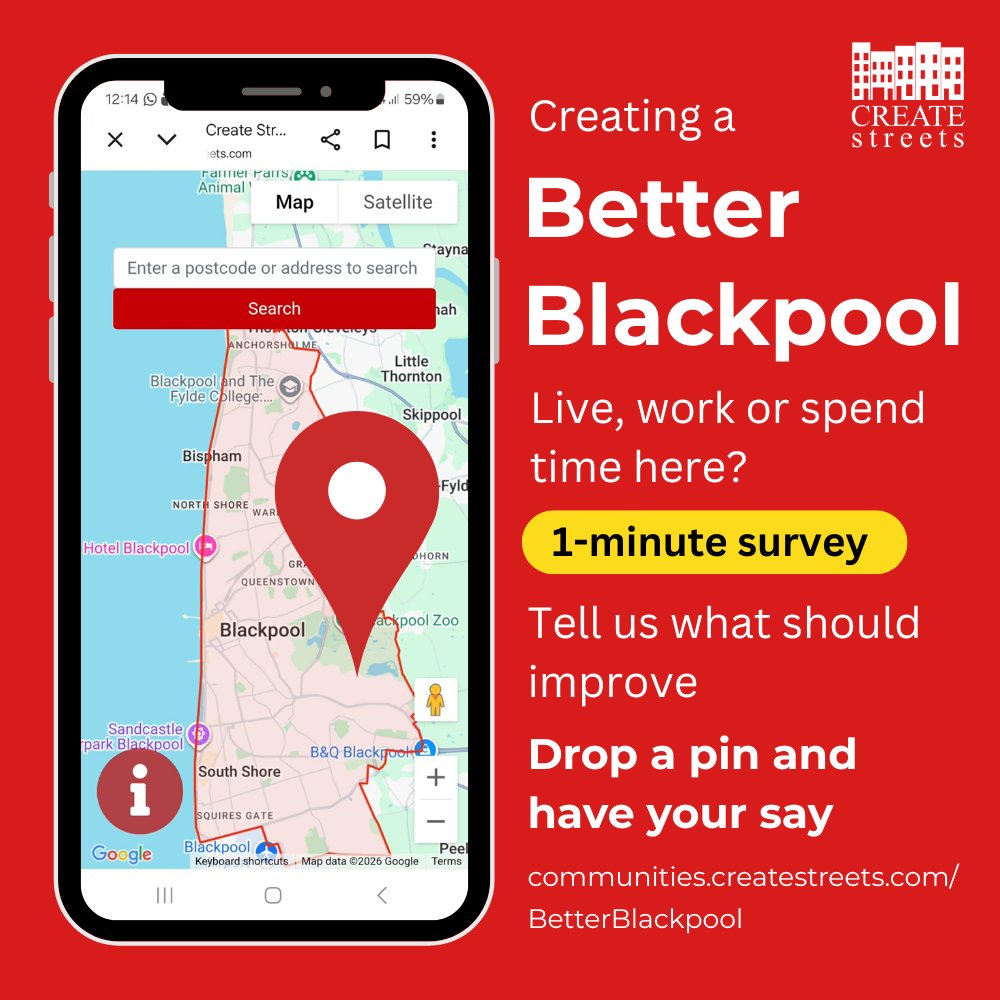 createstreets's tweet image. Do you live, work or spend time in Blackpool?
We want to know what would make its streets and public transport work better day to day.
Share your views with us here communities.createstreets.com/BetterBlackpool

#Blackpool #BetterBlackpool #HaveYourSay #BetterStreets #PublicTransport