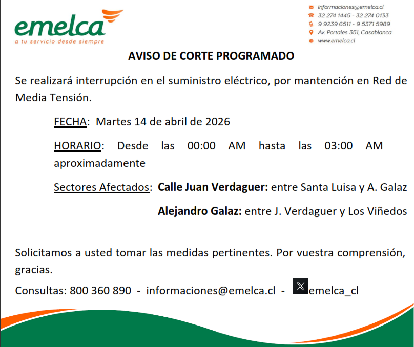 Emelca_cl's tweet photo. Estimado cliente, se informa corte programado:
📅 Día martes 14 de abril de 2026
🕘 Desde las 00:00 AM hasta las 03:00 AM
🔌 Recuerde desenchufar los electrodomésticos https://t.co/fTn3FYjzlK