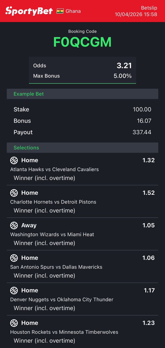GroupAlethea's tweet photo. 🎯 6-Leg Parlay – Let's ride.

Hawks | Hornets | Heat | Spurs | Nuggets | Rockets

Odds: 3.21 | Payout: 337.44

Why I chose each team 👇 (thread)

#NBABetting #NBAParlay #SlimReaper https://t.co/LkSi6olMpG