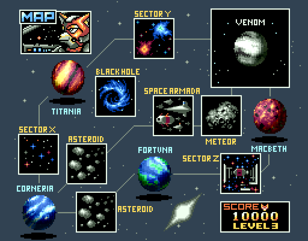 AndrossSF0's tweet image. The Lylat System map as it appears in Star Fox for Snes, as well as an earlier version of the map with varying graphics for certain locations in Nintendo Power 46.

#starfox #snes #supernintendo #Nintendo