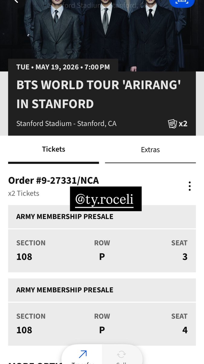 ty_roceli's tweet photo. Selling 2 BTS Stanford Tuesday 5:19 Tickets!

Sec: 108 
Price: $290 each
Preferred Payment: Paypal G&amp;S, Venmo, or Zelle

Can provide proof of payment! Please DM if interested!!🙏🏽🙏🏽

@875tickets #BTS_ARİRANG #BTS https://t.co/ZlTXVzU37Y