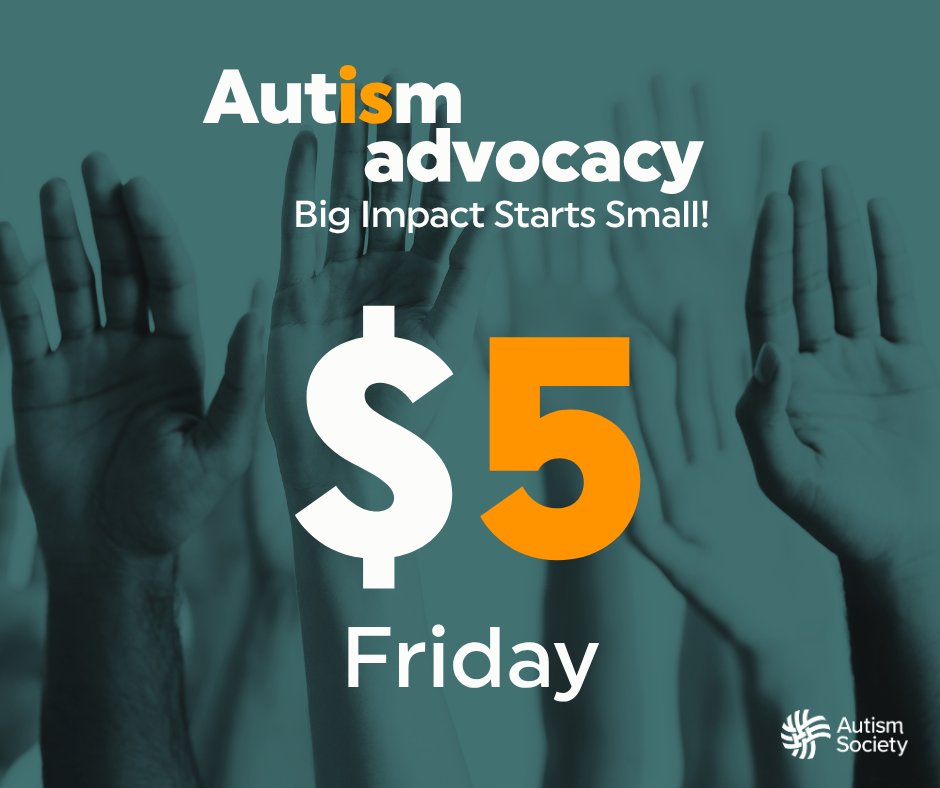 AutismSociety's tweet image. $5 Friday!  
This Friday, we’re asking our community to come together for $5 Friday. 
It’s a simple way to show your support and help us reach our goals, one five-dollar bill at a time. 
➡️ Make a $5 Donation here: bit.ly/AutismAcceptan…
#Autism #AutismAcceptance