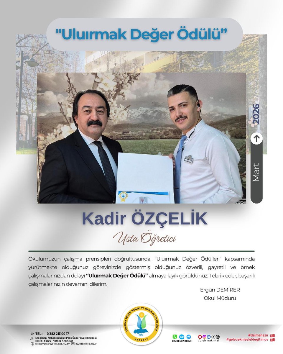 UluirmakMtal's tweet photo. "Uluırmak Değer Ödülü" Mart 2026
Tebrikler Kadir ÖZÇELİK👏📷
#daimahazır🇹🇷 #daimahazır🇹🇷
#gelecekmeslekieğitimde🇹🇷 https://t.co/xDsTX2lmcz