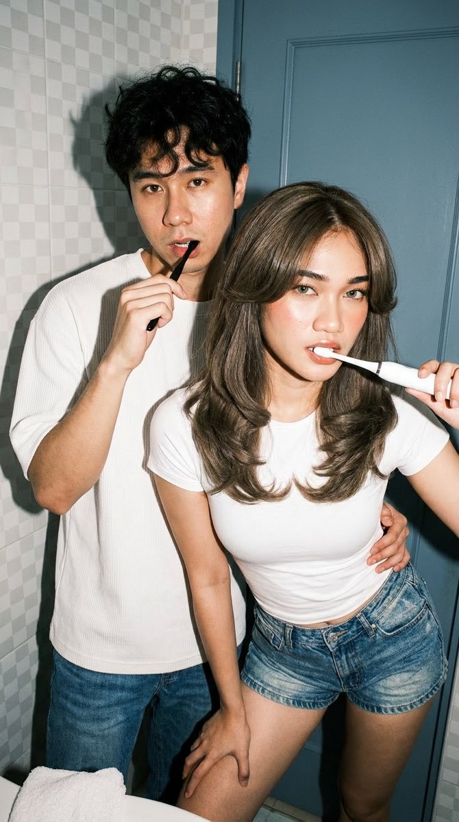 Ciahasyim's tweet photo. Prompt

Generate by Flow

Photorealistic image of a young Southeast Asian/Indonesian couple in their early-to-mid 20s sharing an intimate moment in a bright modern kitchen. Woman with long voluminous wavy ash-brown hair, soft layers, curtain bangs, dewy glowing skin, natural makeup, stands behind the seated man in a loving back hug—her left hand gently running through his short messy curly black hair, right arm wrapped snugly around his neck and chest, cheek pressed close to his head, warm affectionate expression. Man sitting relaxed on a wooden chair, eyes gently closed, soft blissful smile, head tilted back into her embrace. Woman in fitted white short-sleeve t-shirt and high-waisted blue denim shorts; man in oversized white ribbed/waffle-knit short-sleeve t-shirt and blue jeans. Background: white cabinets, white subway tile backsplash with black grout, marble countertop, wooden cutting board on left, white sink on right. Soft warm natural side lighting with gentle shadows, cozy romantic domestic atmosphere. Highly detailed, 8K, sharp focus on subjects, creamy bokeh, realistic skin texture and hair strands, cinematic color grading, shot on 50mm lens f/1.8, natural filmic look --ar 9:16 --stylize 250 --v 6