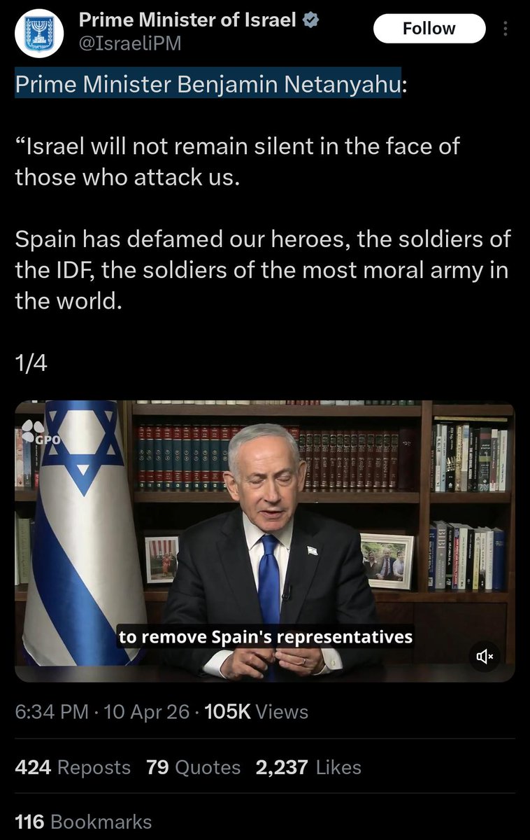 Awakeningmedia1's tweet photo. NETANYAHU EXPELS SPAIN FROM GAZA CEASEFIRE HUB

Israeli Prime Minister Benjamin Netanyahu has announced the removal of Spain from a civil-military coordination center established under a ceasefire framework linked to Donald Trump’s peace plan.

The decision comes amid Spain’s continued criticism of Israel’s military actions in Gaza, Iran, and Lebanon, as well as its policies in the occupied West Bank.

Netanyahu defended the move, accusing Spain of hostility and stating that Israel would not tolerate what he described as diplomatic attacks.

The development raises broader concerns,  if countries voicing criticism over ongoing conflicts and humanitarian issues are removed from coordination platforms, what does that mean for the credibility of such “peace” mechanisms?

Does participation depend on alignment with one side, or on raising all aspects of the conflict, including humanitarian crises, occupation, and regional escalation?
#Netanyahu #Spain #MiddleEast #Diplomacy #Israel