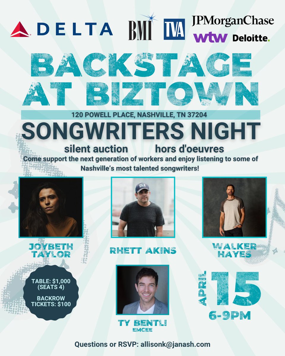 JAofMidTN's tweet photo. Backstage at BizTown returns next Wednesday, April 15, from 6-9 p.m. Join us for an unforgettable Nashville-style songwriters night featuring Joybeth Taylor, Rhett Akins, Walker Hayes and emcee Ty Bentli, local food and drink, and an incredible lineup of silent auction items! https://t.co/qGEMMxA6VA