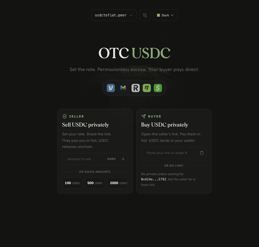 davyjones0x's tweet image. ✨ zkOTC  at otc.usdctofiat.xyz

Built as a showcase on private orders, released today at @peerxyz

1. Set a recipient, set a rate, deposit USDC
2. Generate a link to send to your counterparty
3. They send fiat, prove their payment on peer.xyz, USDC releases