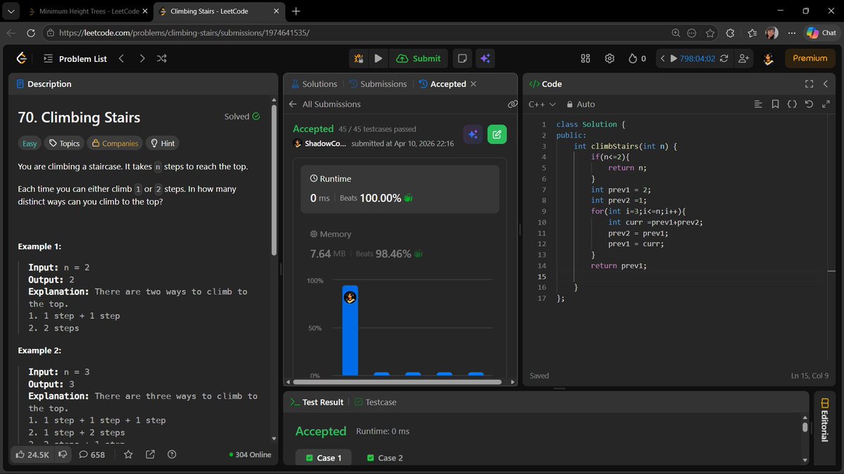 AnchalGupta009's tweet image. Day 166: Climbing Stairs 🪜
Classic DP problem
Each step = sum of previous two (Fibonacci pattern)
Optimized to O(1) space 🚀
#LeetCode #DP #CPP #DSA