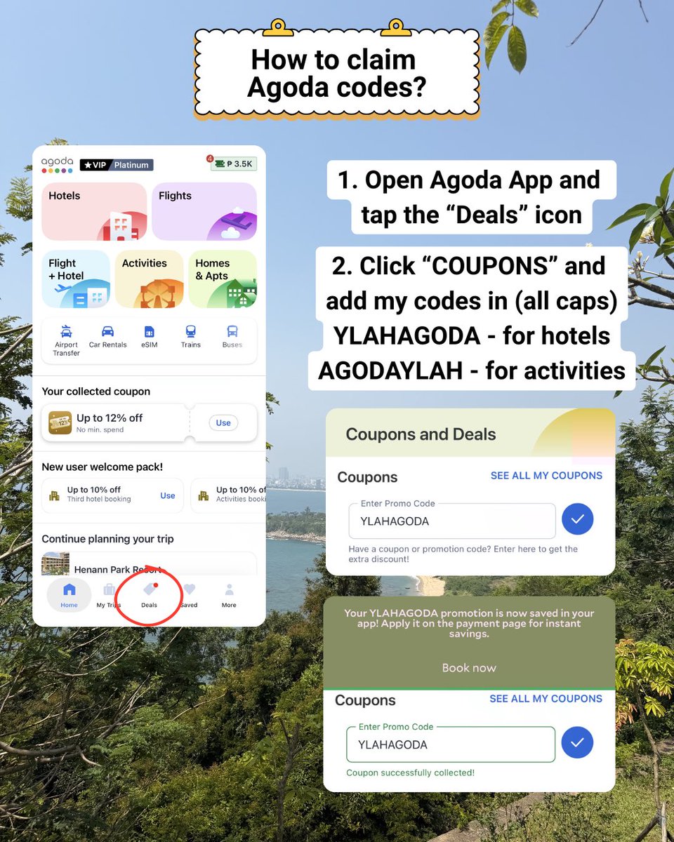 _windranger's tweet photo. Hi guys! Sharing here my Agoda codes since some were having trouble with “invalid” errors, here’s a quick guide on how to claim them.🤗

Another way to claim them is by clicking the links below⬇️
Hotel🔗: https://t.co/9byYRBsMpz
Activity🔗: https://t.co/nSVlQnl6hE https://t.co/7zO5APQImB